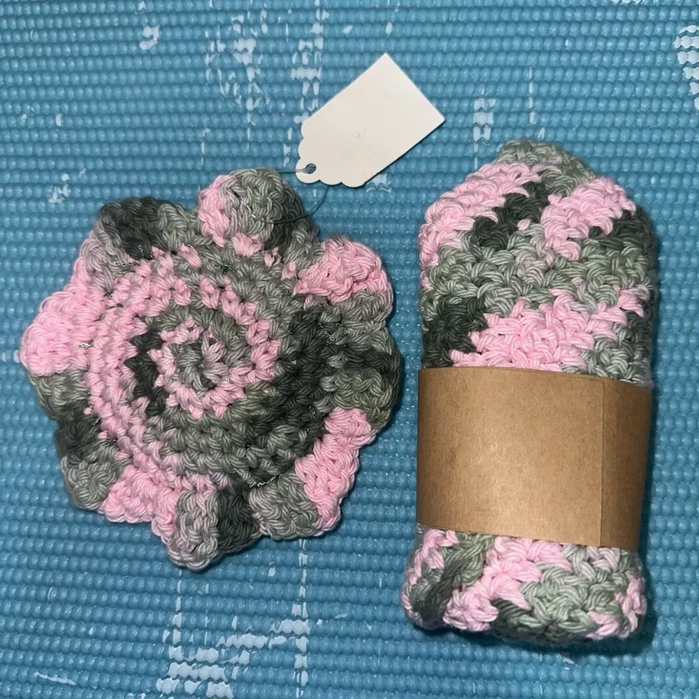 Pink and Green Handmade Cotton Multi Use Washcloth Set